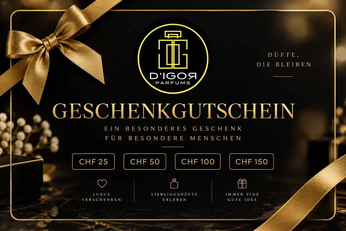 D'IGOR PARFUMS digitaler Geschenkgutschein mit Original-Logo – Schwarz und Gold