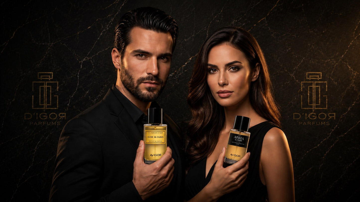 D'Igor Parfums – Paar mit Igor in Paris und Aïsha vor Marmorwand